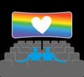 Gays in theater. Two blue men in cinema hall. Places for kisses