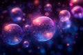 Orbited cosmic bubbles float in a dark expanse illuminated by radiant magenta light spots Royalty Free Stock Photo