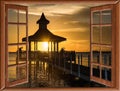 Gazebo bridge sea at sunset Royalty Free Stock Photo