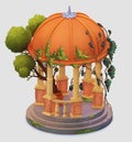 Gazebo with climbing plants and potted tree. Isometric view.