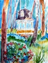Gazebo with a curly roof in a pine forest, watercolor drawing, travel sketch Royalty Free Stock Photo