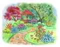 Gazebo in the garden. Blooming garden, watercolor painting