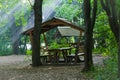 Gazebo in a green forest in the rays of the sun Royalty Free Stock Photo