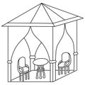 The gazebo has two chairs and a doodle-style breakfast table for outdoor seating with curtains Royalty Free Stock Photo