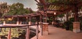 Gazebo overlooking a pond and fountain at sunset at the Garden o Royalty Free Stock Photo