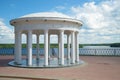 Gazebo-rotunda on the background of the Volga river on a sunny July day. Myshkin, Russia