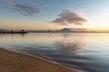 Gazebo at Sanur beach with Mt Agung volcano background during sunrise Royalty Free Stock Photo