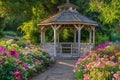 A gazebo sits amidst a multitude of vibrant flowers in a well-maintained garden, A picturesque romantic gazebo surrounded by