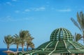 Gazebo wooden ceiling on blue sky background