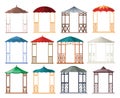 Gazebos pergolas in various styles. Architecture wooden bower flat cartoon icons set. Pavilion structure, city park or