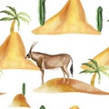 Gazelle in the desert among the dunes watercolor seamless pattern