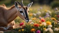 A Young Sable Antelope Grazing Amongst a Vibrant Patch of Wildflowers in the Meadow Royalty Free Stock Photo