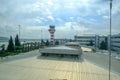 Gaziemir, Izmir, Turkey - 03.11.2021: air traffic control tower of Izmir Aydin Menderes Airport in a cloudy air