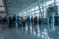 Wide angle view of flight gate and stewardess check passengers if they covid free in Aydin Menderes Airport