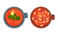 Gazpacho or Cold Soup and Stew of Beans as Served Spanish Cuisine Dish Above View Vector Set Royalty Free Stock Photo