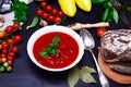 Gazpacho cold soup in a white round ceramic plate Royalty Free Stock Photo