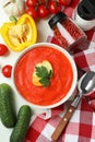 Gazpacho soup and ingredients on white background Royalty Free Stock Photo