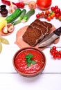 Gazpacho spanish cold soup in a round ceramic plate Royalty Free Stock Photo