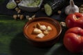 Gazpacho vegan and vegetarian Extremaduran dish with tomato, cucumber, onion, garlic and bread croutons