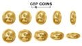 GBP 3D Gold Coins Vector Set. Realistic Illustration. Flip Different Angles. Money Front Side. Investment Concept