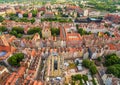 Gdansk aerial view. Townhouses of the old town seen from the bird`s eye view.