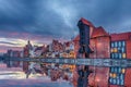 Gdansk beautiful sunset, view on Zuraw port crane and medieval facades, Poland