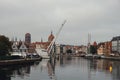 Gdansk city from ship view. Amazing cityscape of Gdansk over Motlawa river. Travel touristic attraction ship. Old town