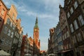 Gdansk - A close up of the facades of tall building in the middle of Old Town in Poland. The buildings have many bright colors