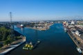 Gdansk Harbor Aerial View. Cranes at the famous shipyard of Gdansk, Pomerania, Poland