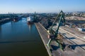 Gdansk Harbor Aerial View. Cranes at the famous shipyard of Gdansk, Pomerania, Poland