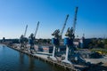 Gdansk Harbor Aerial View. Cranes at the famous shipyard of Gdansk, Pomerania, Poland