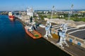 Gdansk Harbor Aerial View. Cranes at the famous shipyard of Gdansk, Pomerania, Poland