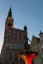 Gdansk - The Neptune's Fountain in Old Town of Gdansk, Poland at night. The fountain is lit with red and white lights. Royalty Free Stock Photo