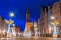 Gdansk New Year Square with Christmas tree and town hall at sunrise