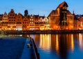 Gdansk night city riverside view. View on famous crane and facades of old medieval houses Royalty Free Stock Photo