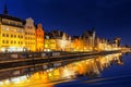 Gdansk night cobalt sky, view on the buldings by the Motlawa