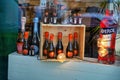 Gdansk, North Poland - August 15, 2020: Close up of vintage wine and champagne kept as decoration in an italian restaurant located