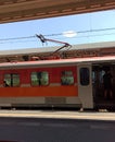 Gdansk, North Poland: Intercity colorful electric train bogie and passenger inside it