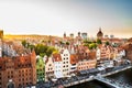 Gdansk, North Poland - Panoramic aerial shot of Motlawa river embankment in Old Town during sunset in summer Royalty Free Stock Photo