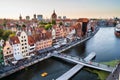 Gdansk, North Poland -Panoramic aerial shot of Motlawa river embankment in Old Town during sunset where people