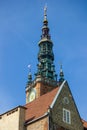 Gdansk, North Poland - August 15, 2020: Top view of polish architecture of clock tower located in the old town in city center