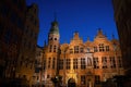 Gdansk, North Poland - August 13, 2020: Wide angle night shot of a Long Lane street in Old town displaying Polish architecture Royalty Free Stock Photo