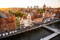 Gdansk, North Poland : Wide angle panoramic aerial shot of Motlawa river embankment in Old Town during sunset in Royalty Free Stock Photo