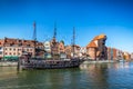 Gdansk old town and famous crane, Polish Zuraw. Motlawa river in Poland. Royalty Free Stock Photo