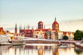 Gdansk Old Town View Over Motlawa River and Olowianka Footbridge at Sunset Royalty Free Stock Photo