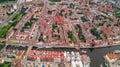 Gdansk, Poland. Aerial skyline panorama with Motlawa river, modern drawbridge, concert hall and all famous monuments in the