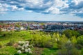 Gdansk, Poland - April 28, 2023: Aerial cityscape of Gdansk with modern office buildings at sunny day, Poland