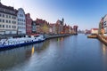 Gdansk, Poland - April 7, 2019: Architecture of the old town of Gdansk with historic Crane at Motlawa river, Poland