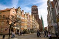 Gdansk, Poland, April 15, 2018: tower of Basilica Assumption Blessed Virgin Mary St Marys Church Cathedral from Piwna street