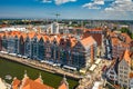 Gdansk, Poland - August 7, 2021: Architecture of the Granaries Island in Main City of Gdansk, Poland. Aerial view of the Motlawa